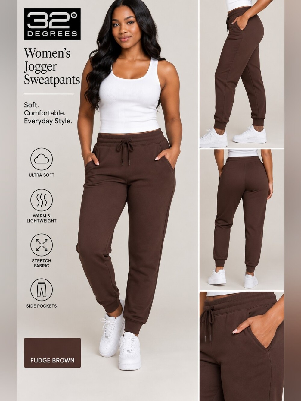 32 Degrees Women's Fudge Brown Jogger Sweatpants. 505